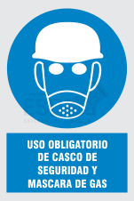 uso obligatorio casco de seguridad y mascara de gas